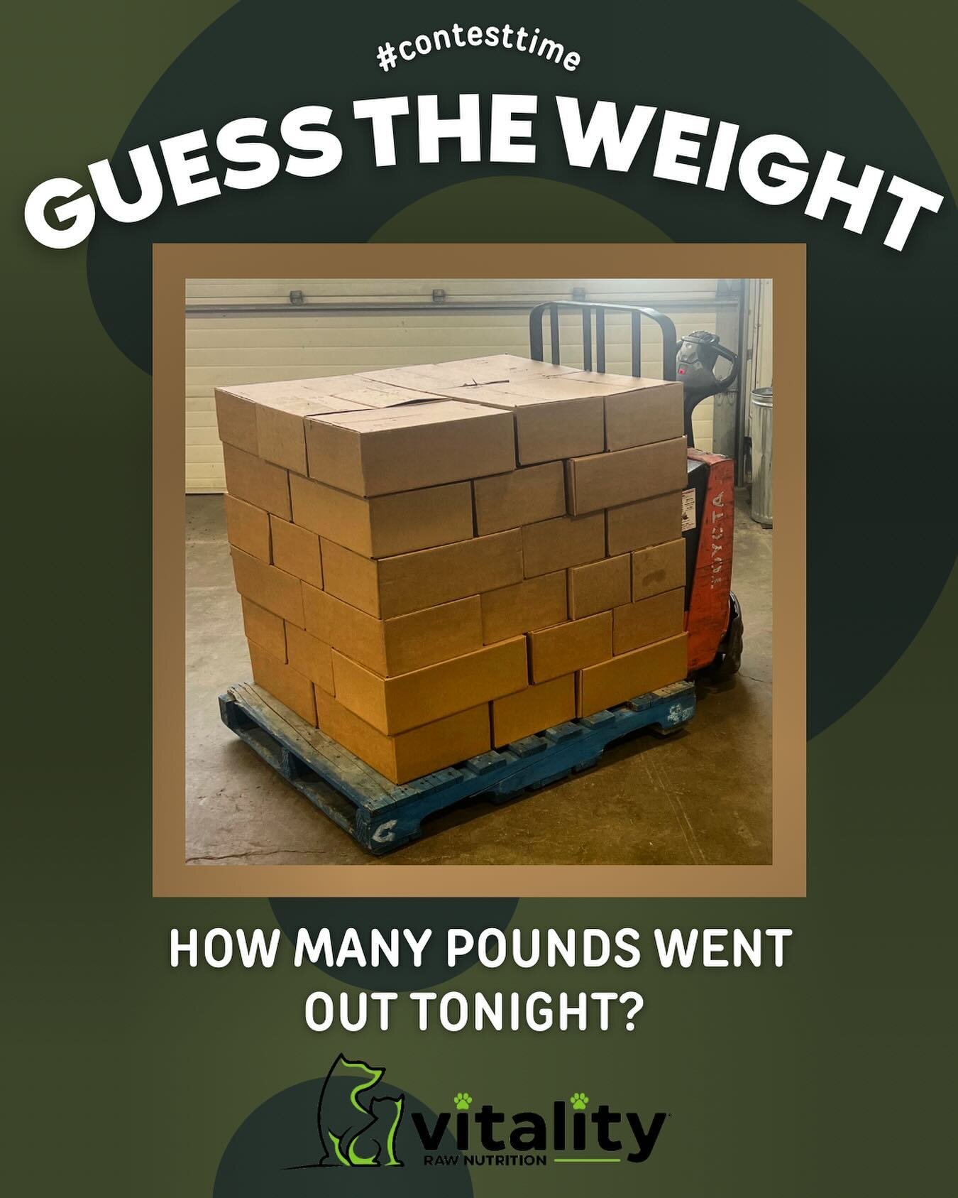 Can YOU guess how much Vitality Pet Food is on the pallet?!

Comment with your best guess to be entered to win your next Vitality order, or a $100 gift card to a local business of your choice! 

Price is right rules, contest closes 6:00pm Friday Marc