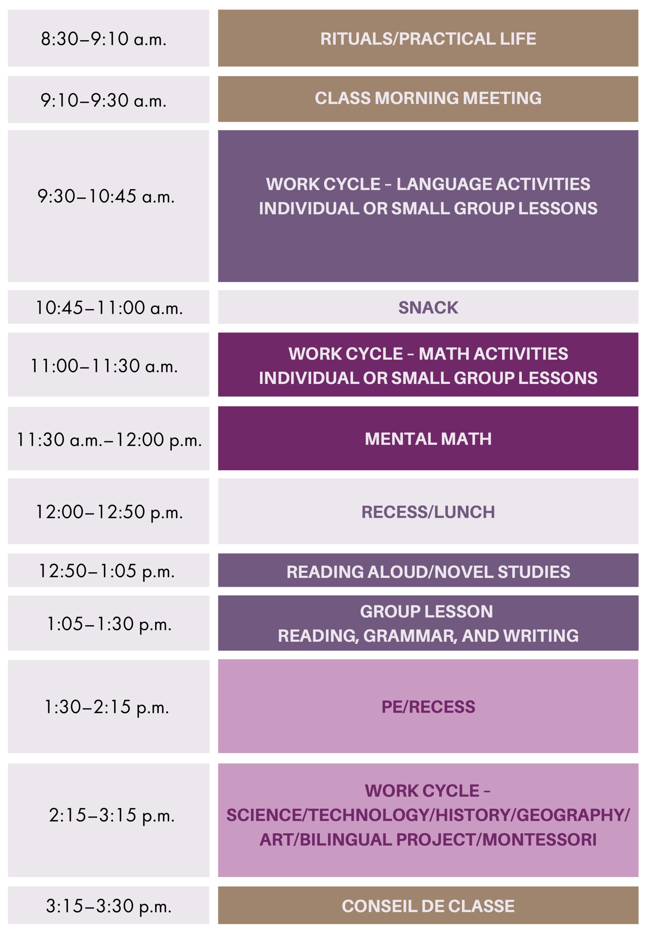 Sample daily schedule at Les Lilas French Bilingual Community School