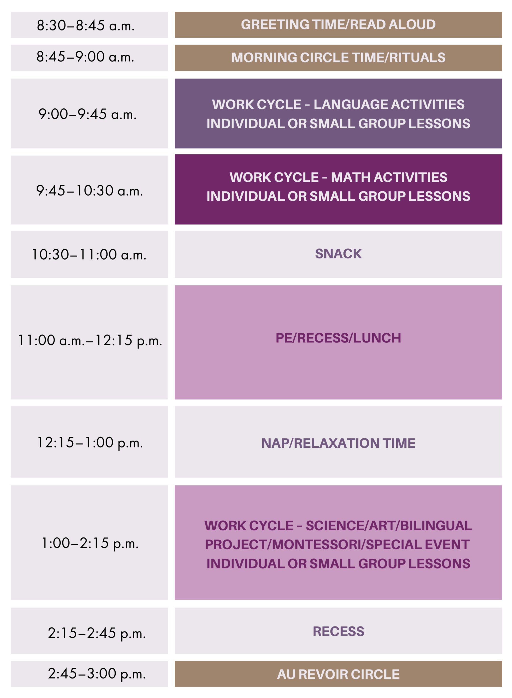 Sample preschool schedule at Les Lilas French Bilingual Community School