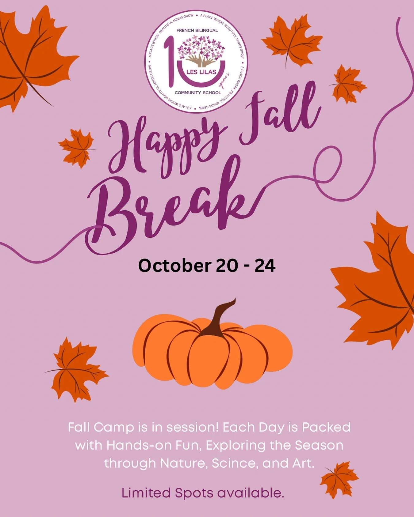 Fall Break is here and so is Fall Camp! Come and spend this week with us!
#FallCamp #AutumnAdventures #HandsOnLearning #KidsCamp #SeasonalFun #NatureLovers #CreativeKids #STEMandArt #leslilascommunity #frencheducation
