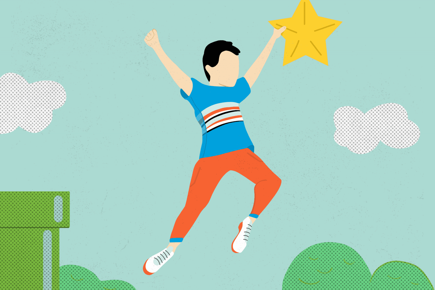 Illustration of a child jumping and reaching for a star in a playful, game-like setting.