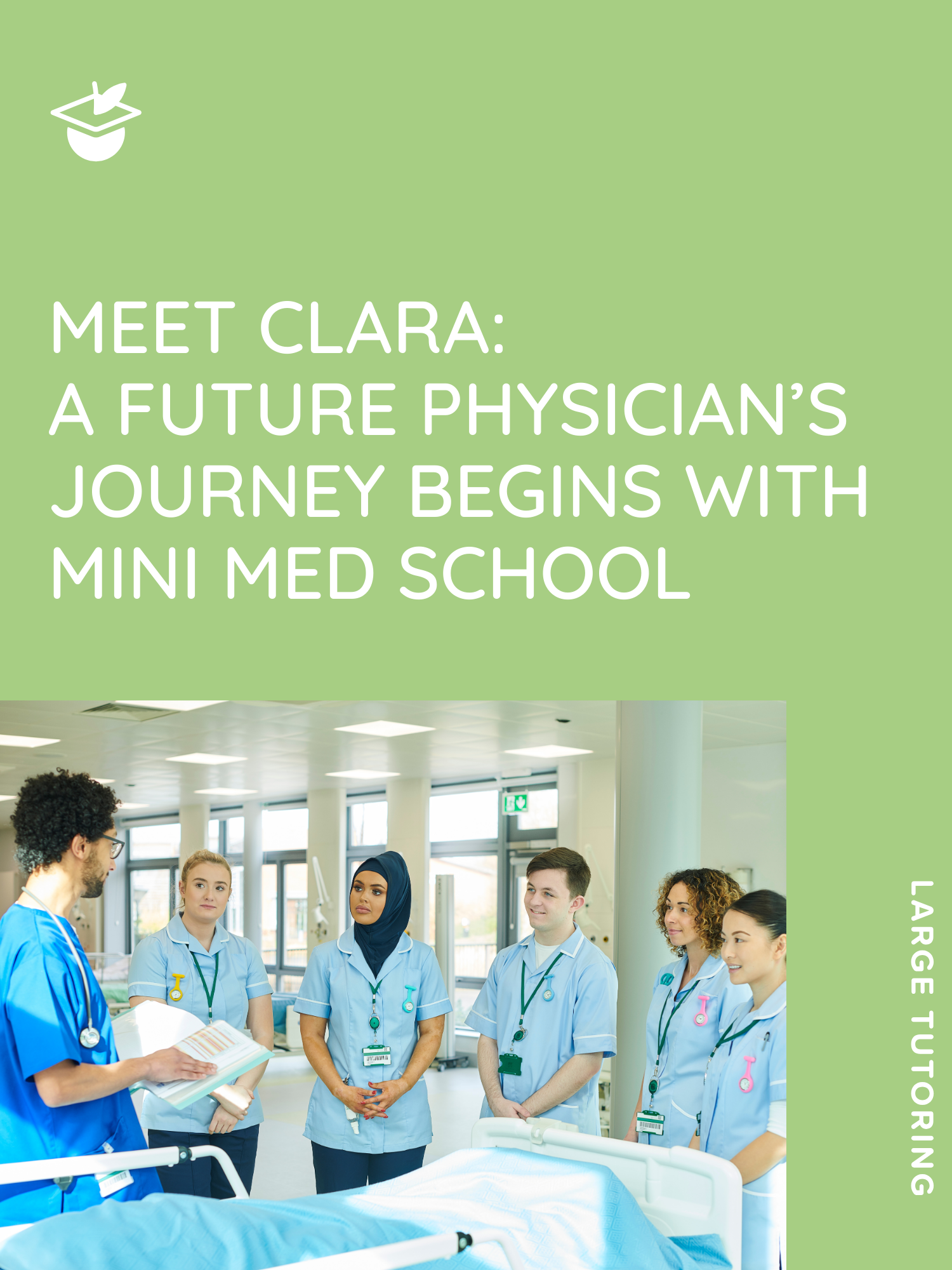 A medical instructor talks to a diverse group of nursing students gathered around a hospital bed during clinical training.