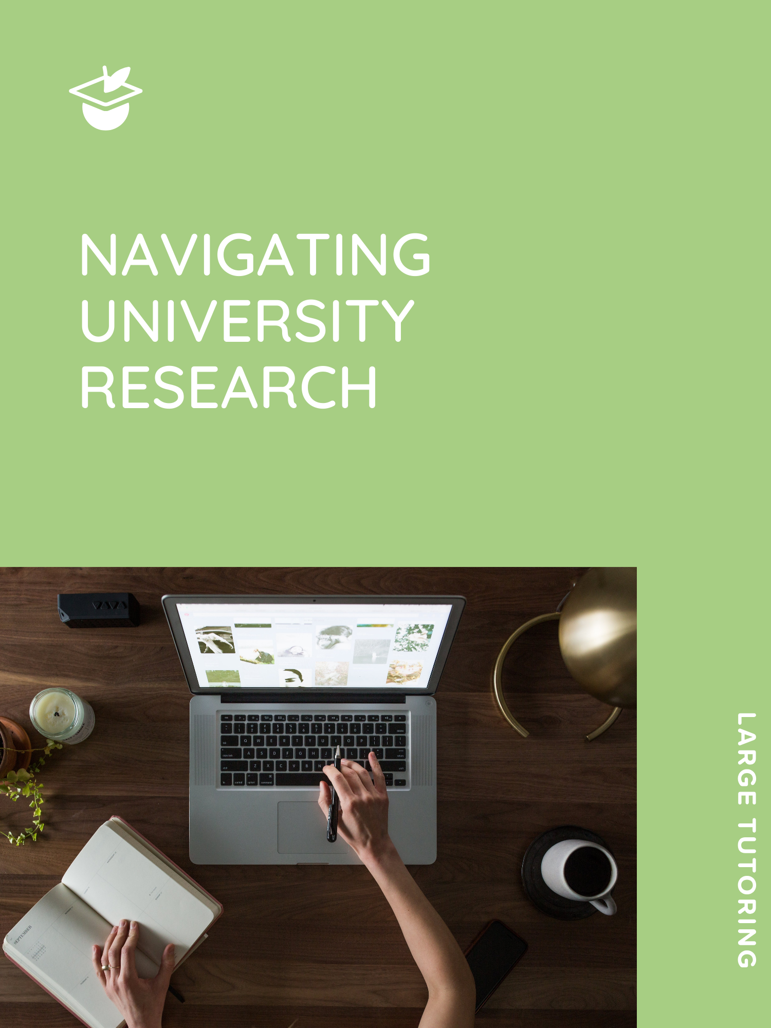 Top view of a person using a laptop with one hand while writing in a planner with the other, surrounded by coffee and decor.