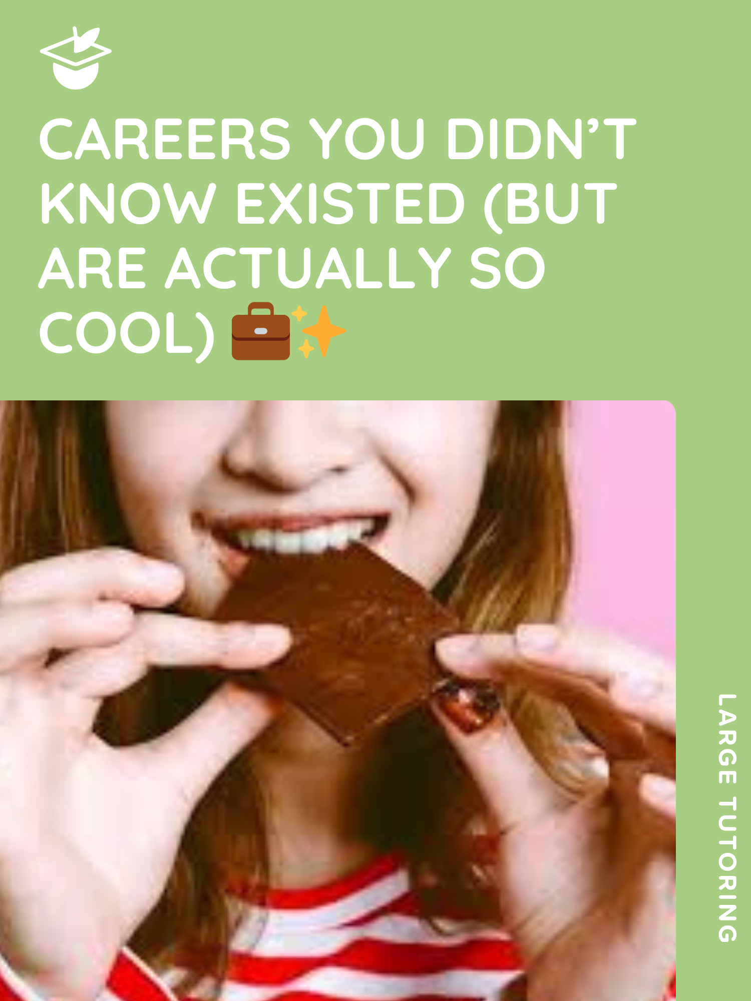 Girl in a red striped shirt smiling and eating a piece of chocolate.