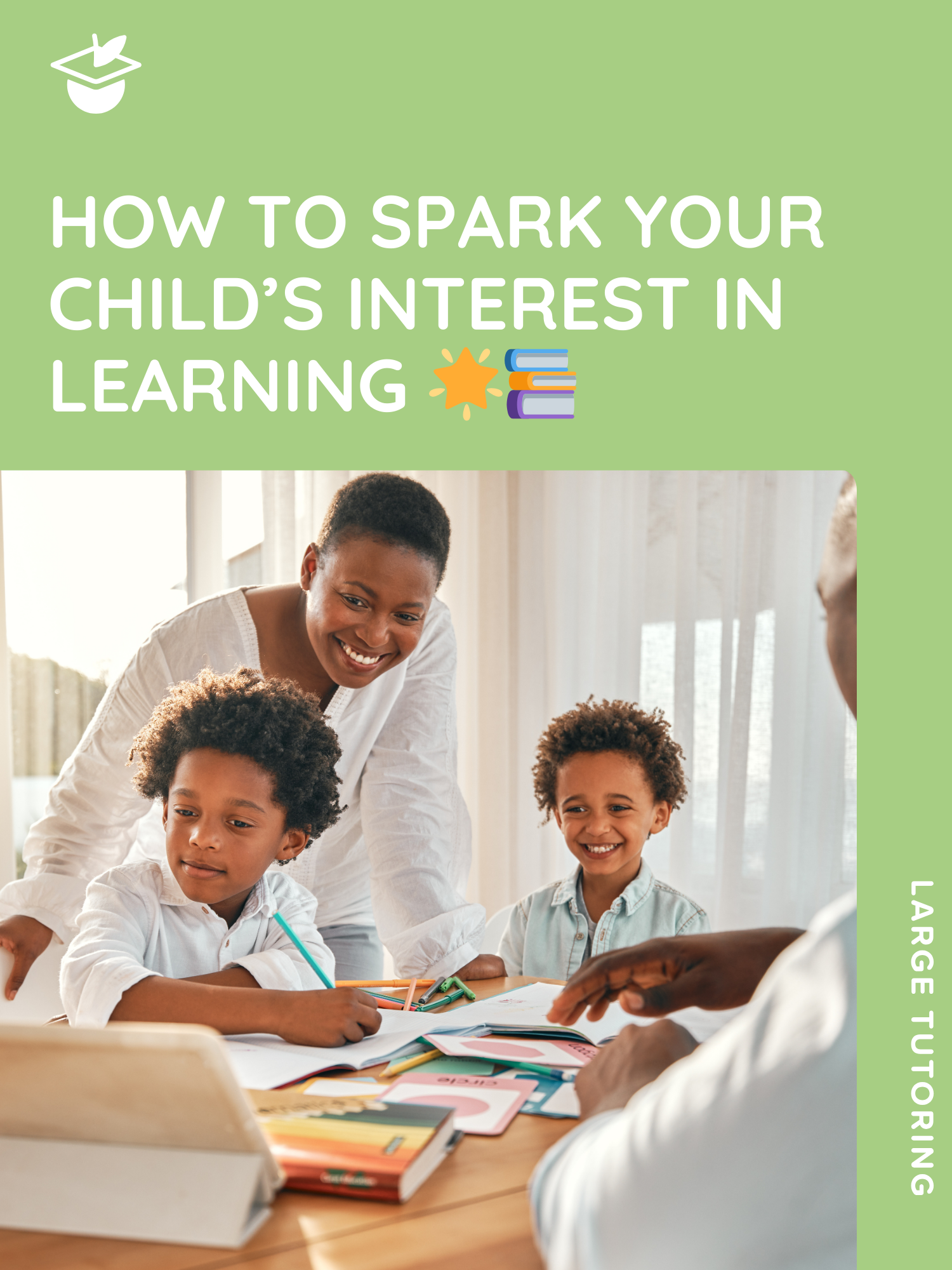 Smiling family helping children with homework at a table full of books and school supplies.