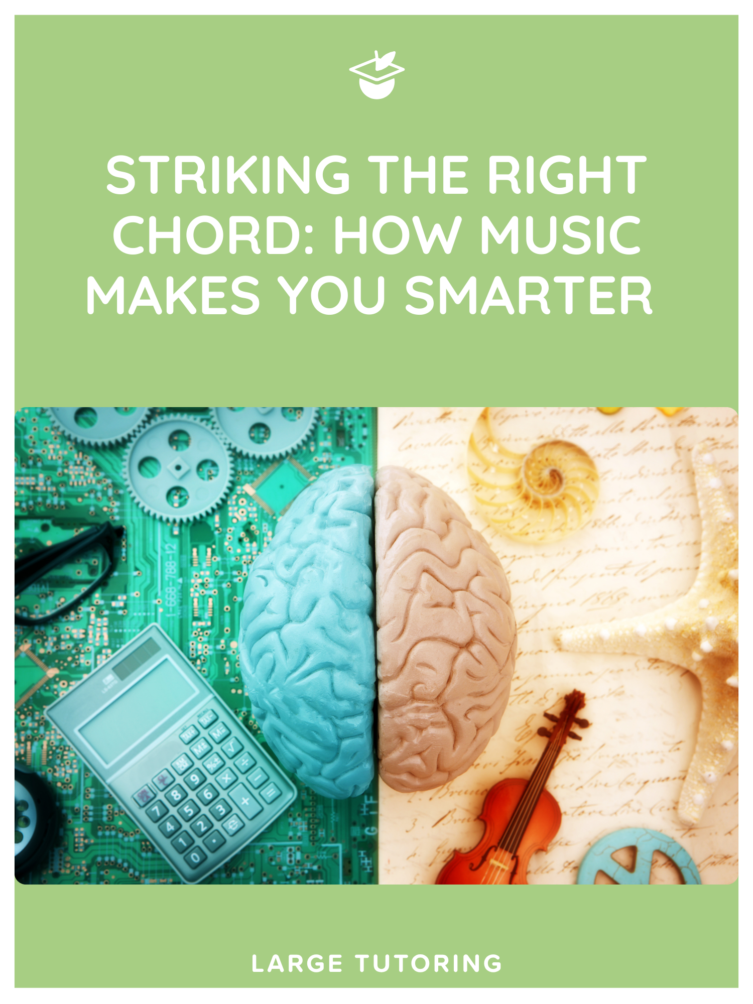 Illustration of a brain split between logic and creativity, with tech items on the left and art on the right.