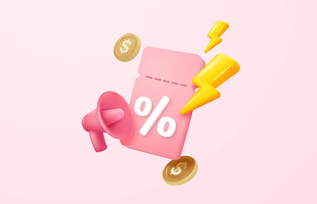 3D icons of a discount tag, megaphone, coins, and lightning bolts on a pink background.