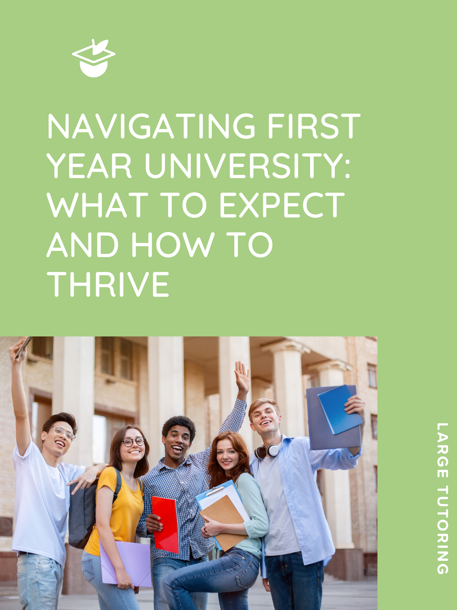 Group of happy students standing outside a school building, holding folders and notebooks, smiling and celebrating.