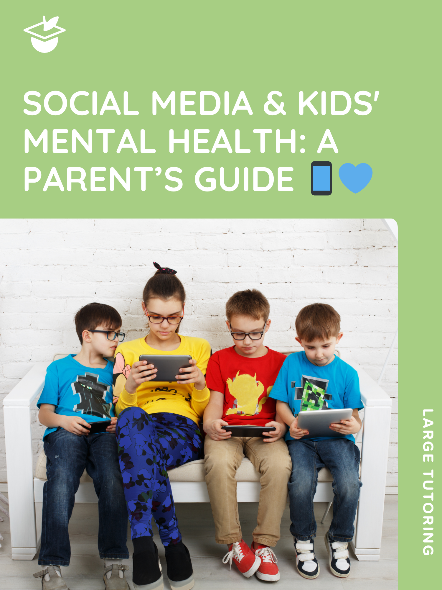 Four children sitting on a couch using tablets and wearing colorful clothes.