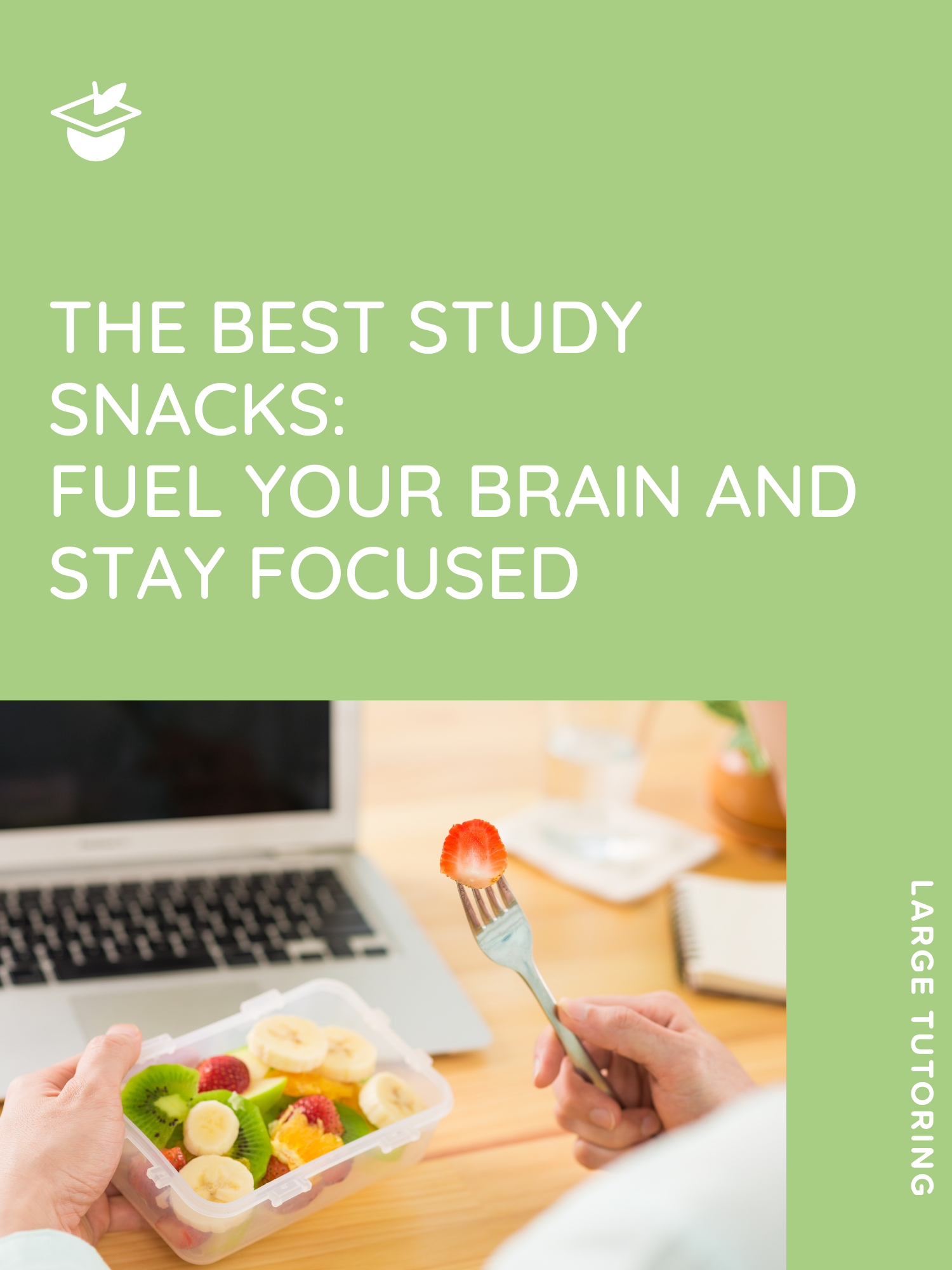 A person eats a fresh fruit salad with a fork at a desk, next to a laptop, notebook, and glass of water during a work break.