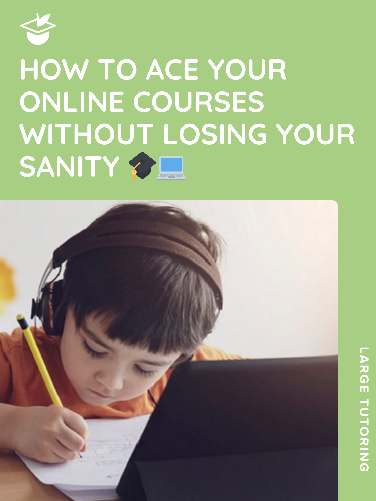 Young boy wearing headphones, writing on paper while studying with a tablet.