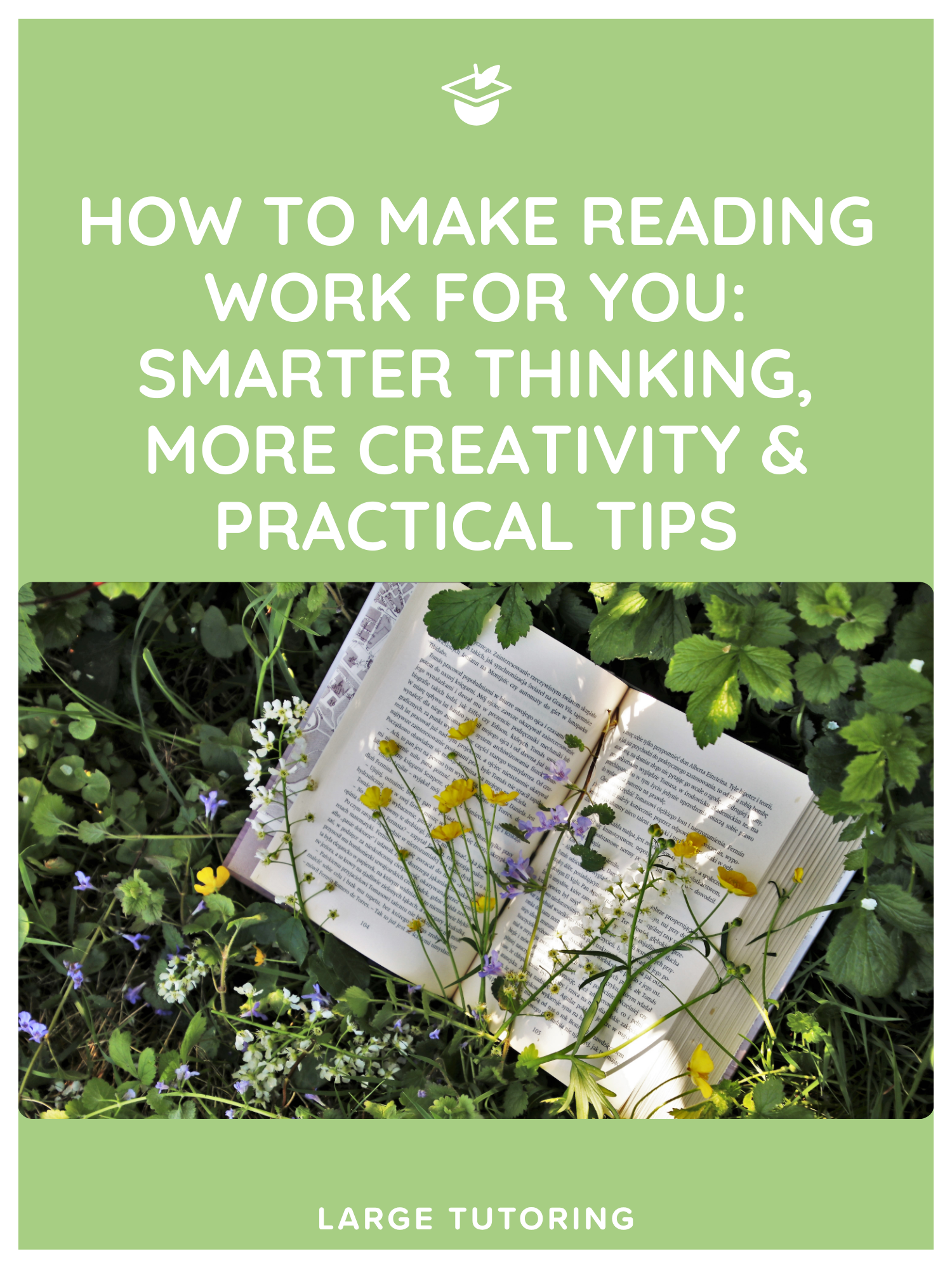 Open book lying in grass surrounded by wildflowers and green leave