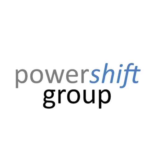Logo of 'Powershift Group' with stylized text in gray and blue.