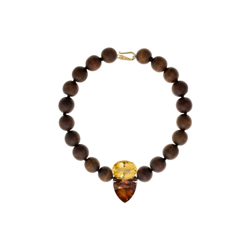 Wood Bead Necklace with Citrine and Bali Clasp with Brown Diamond