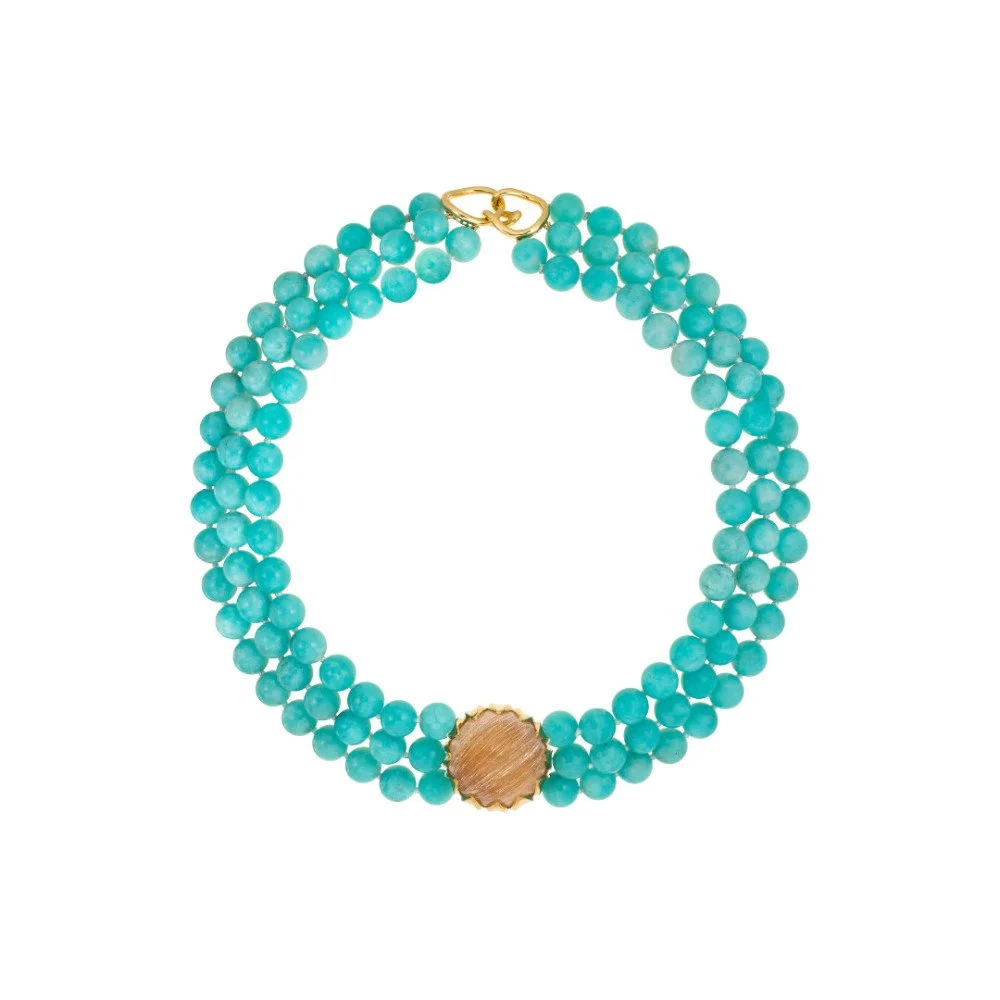 Amazonite Bead Necklace with Rutilated Quartz set in 22kt Yellow Gold and Small 18kt Yellow Gold Clasp