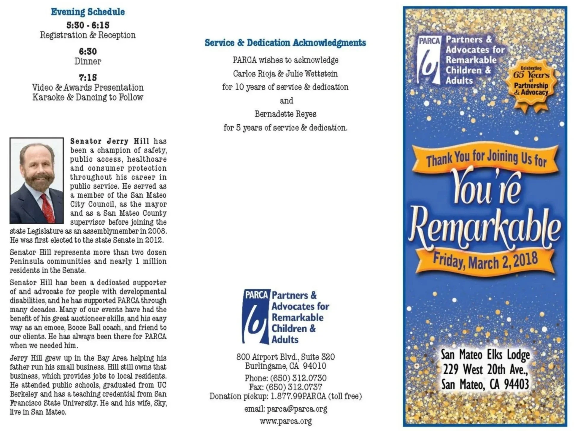 A event program for PARCA, Partners & Advocates for Remarkable Children & Adults, celebrating 65 years of partnership and advocacy. It details the evening schedule, including registration, dinner, video and awards presentation, and karaoke. The program includes a photo of Senator Jerry Hill, and contact information for the organization, situated at San Mateo Elks Lodge, 229 West 20th Ave., San Mateo, CA.