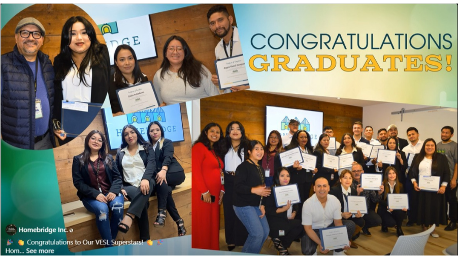 Group photo of graduates holding certificates, celebrating their achievement at a graduation event. There are multiple people, women and men, standing in front of a wood-paneled wall with a projector screen displaying a logo and the words 'CONGRATULA