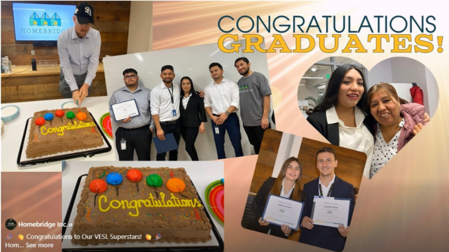 Group of people celebrating graduation, with cakes, certificates, and a congratulatory banner that says "Congratulations Graduates!"