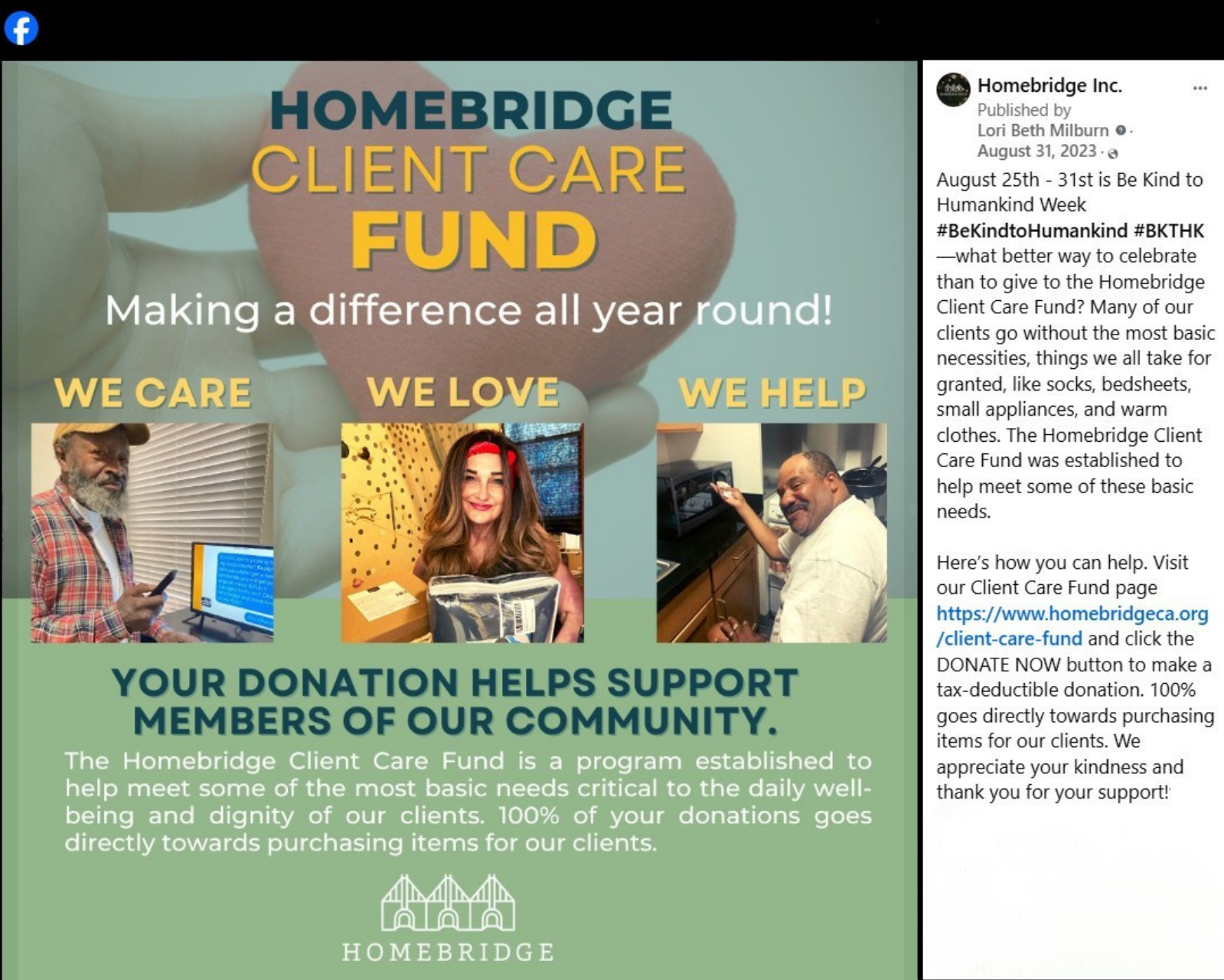 Flyer for Homebridge Inc. promoting their Client Care Fund, showing a heart being held by a hand, and photos of three people receiving help with technology and household needs. The flyer emphasizes supporting community members with donations.