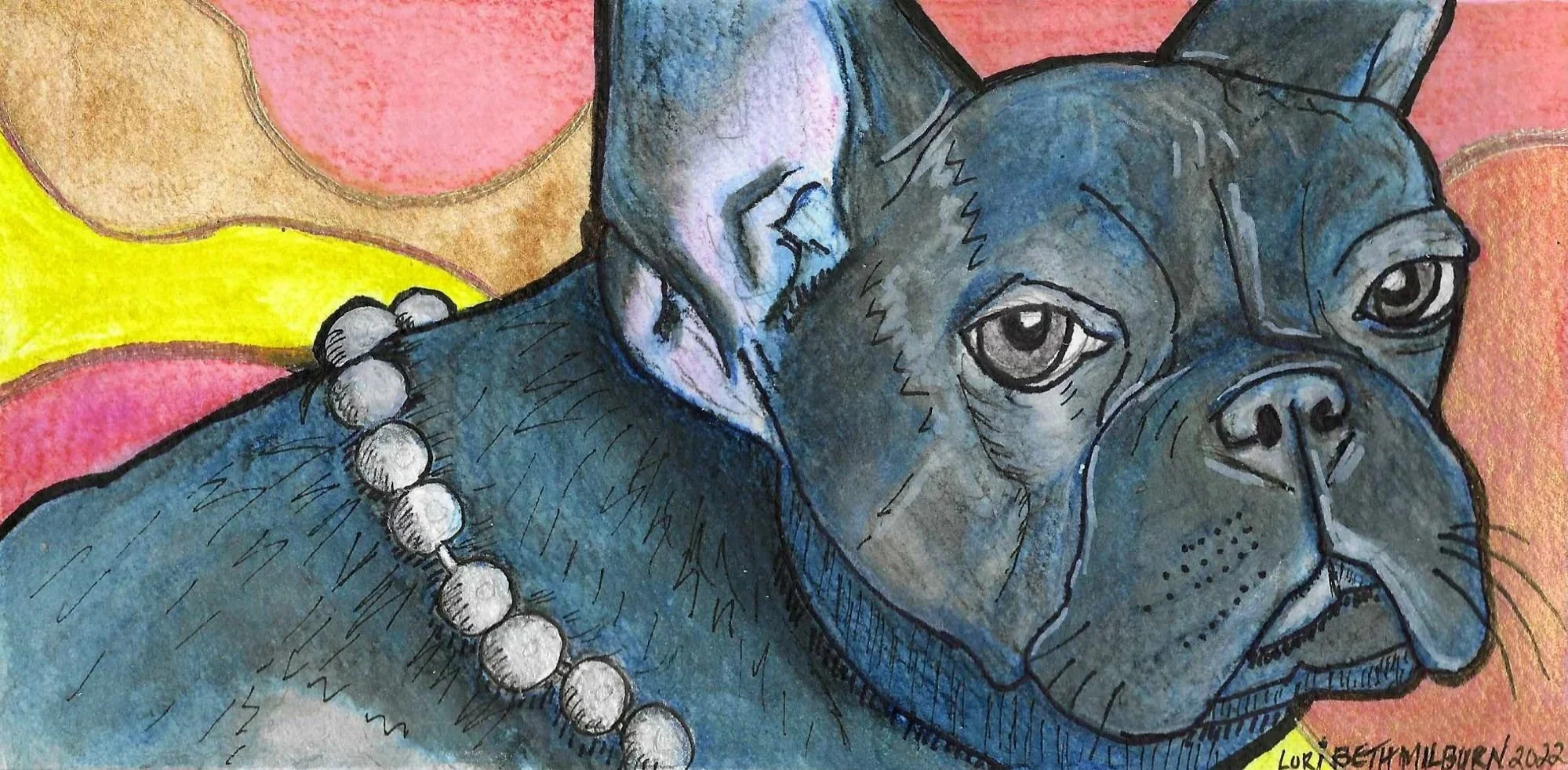 Watercolor pet portrait of a French bulldog wearing a pearl necklace against a pink and orange background.