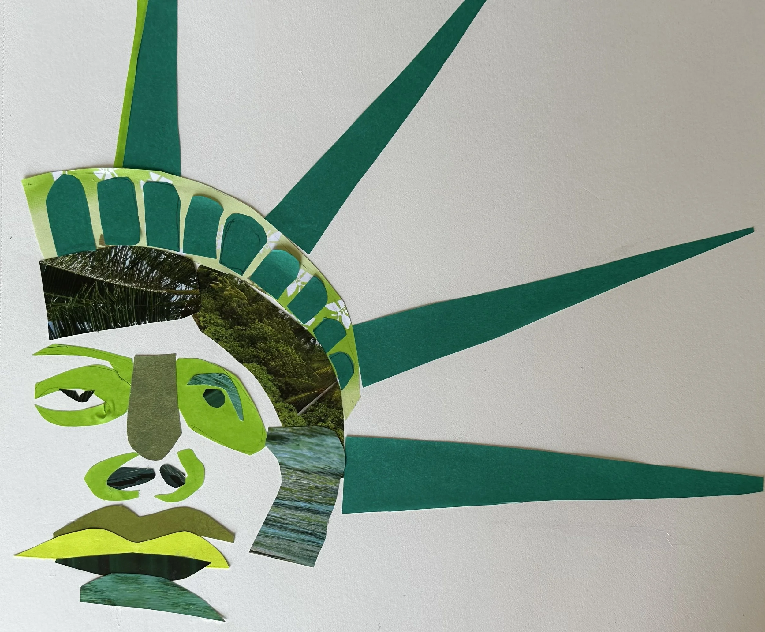 Statue of Liberty in Green | Magazine clippings and origami paper | 11" X 9"