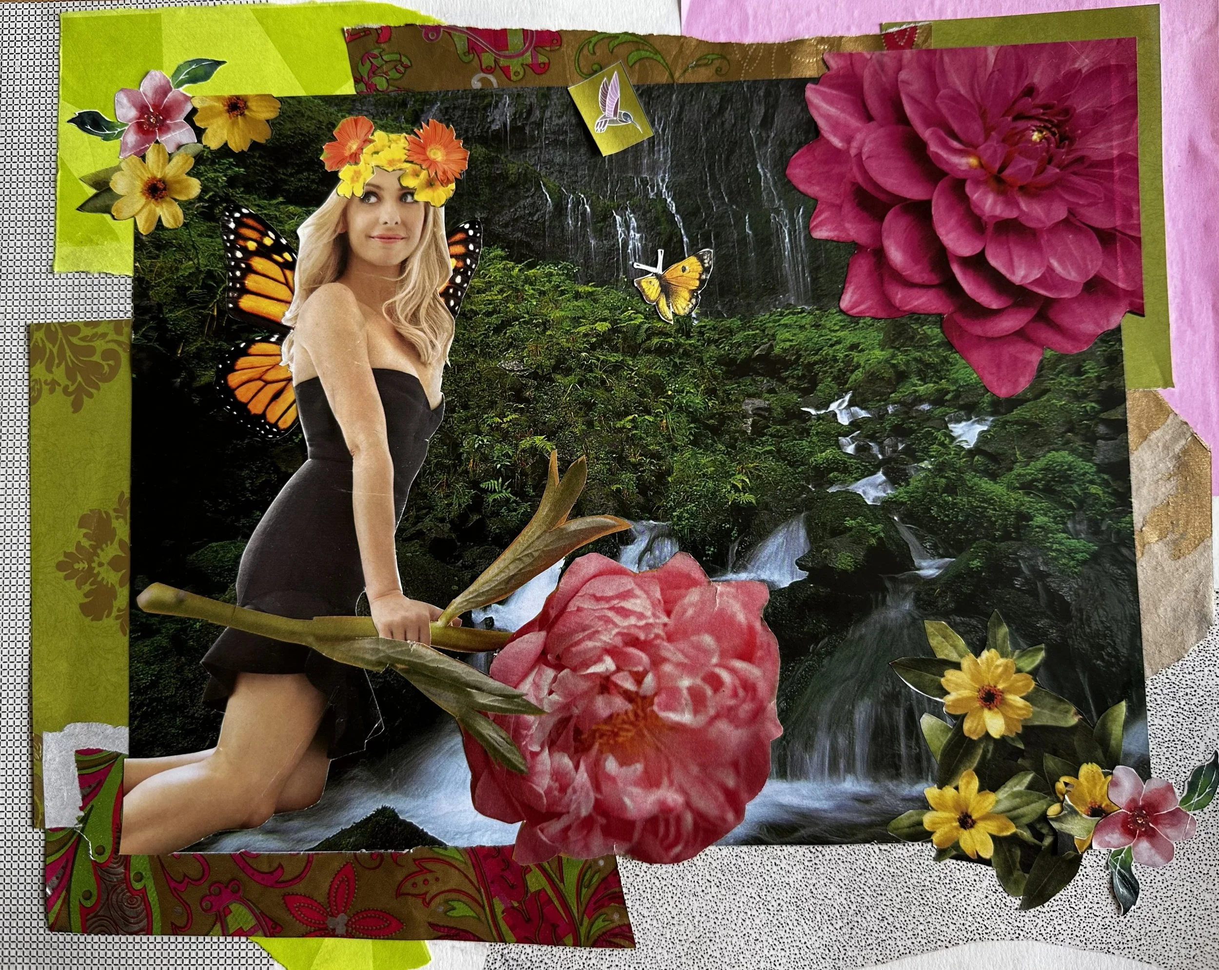 “Midsummer Maximalism”, collage (magazine images and architectural rub-on transfers on paper) • 11" × 14"