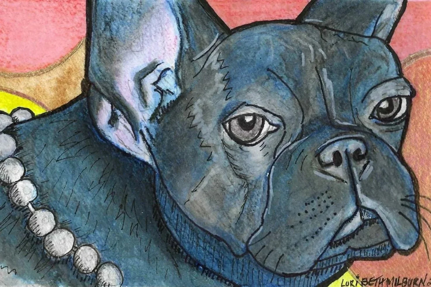 Watercolor pet portrait of a French bulldog wearing sunglasses and a pearl necklace against a pink and orange background.