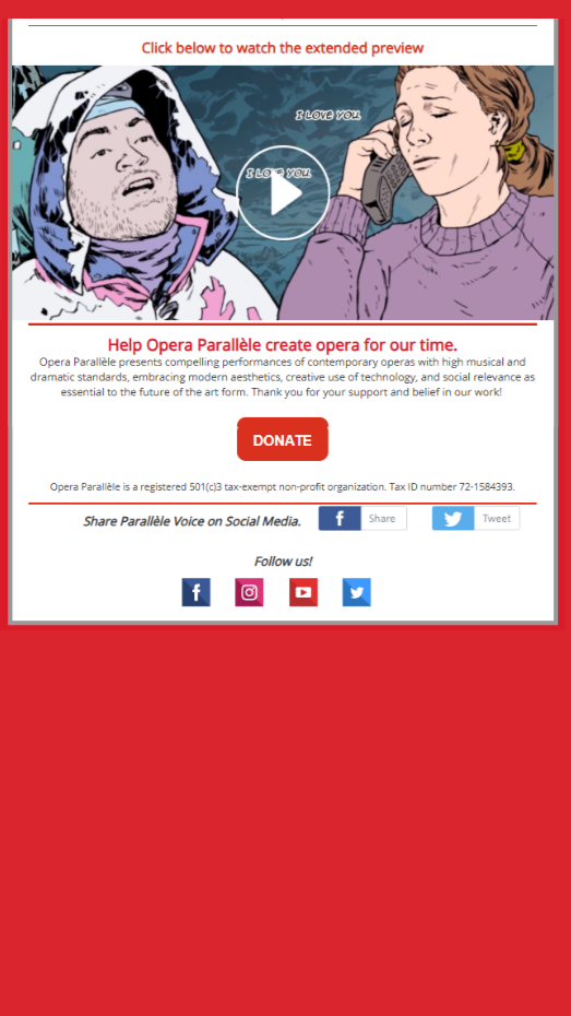 A comic-style illustration depicting a man in a winter jacket talking to a woman holding a phone, with a play button in the middle and text saying 'I love you' in a speech bubble.
