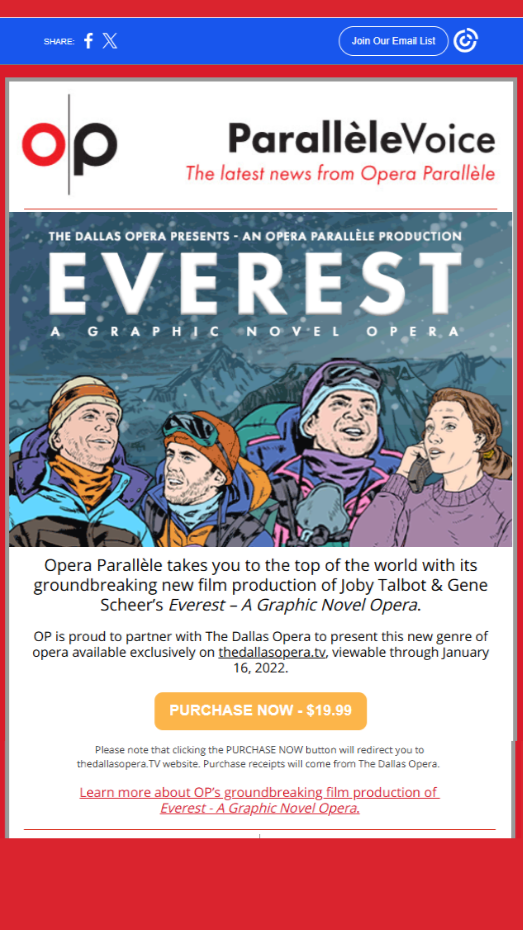 Advertisement for Opera Parallèle's film production of 'Everest,' featuring illustrations of four climbers against a mountain backdrop, with text about the event and a purchase button.