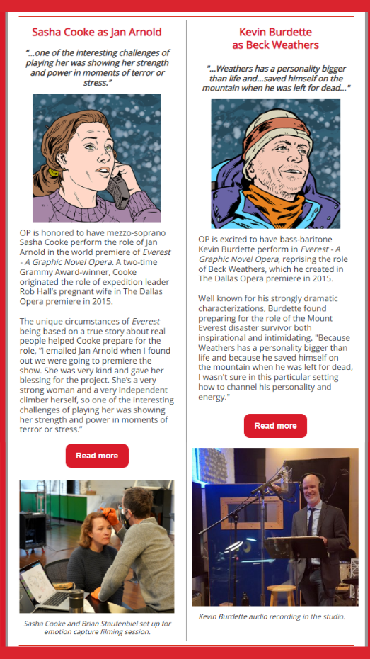 The image shows a magazine or brochure page with information about two individuals, Sasha Cooke and Kevin Burdette, who are featured in a production of Everest - A Graphic Novel Opera. The page includes cartoon-style illustrations of both performers, with Sasha Cooke depicted talking on a phone and Kevin Burdette portrayed outdoors with a backpack and headband. There are also two photographs: one of Sasha Cooke and Brian Staufenbiel during a recording session, and another of Kevin Burdette in a studio setting.