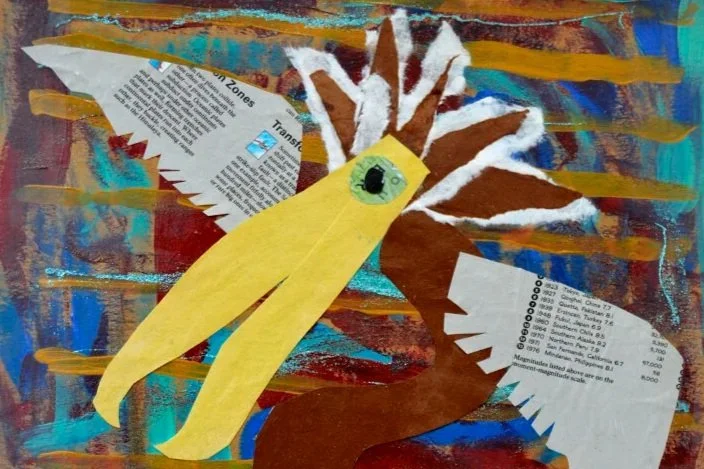 Mixed media collage of a stylized pelican with newspaper wings on a colorful painted background.