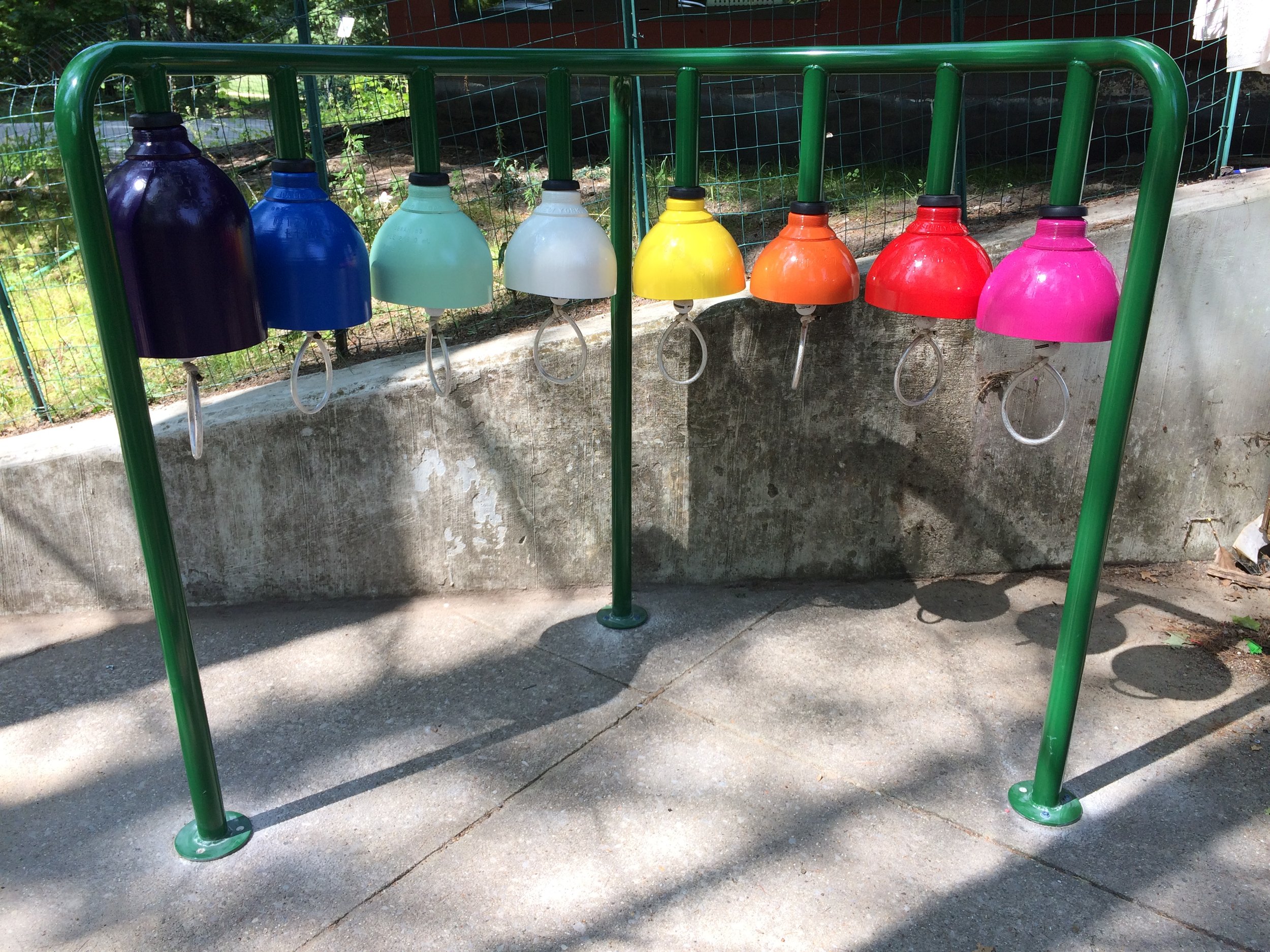 The next evolution of the bells flipped the frame, so that the bells were suspended from above,  and the newly designed clappers could swing freely.  This set is at NMC's child care center in Traverse City.