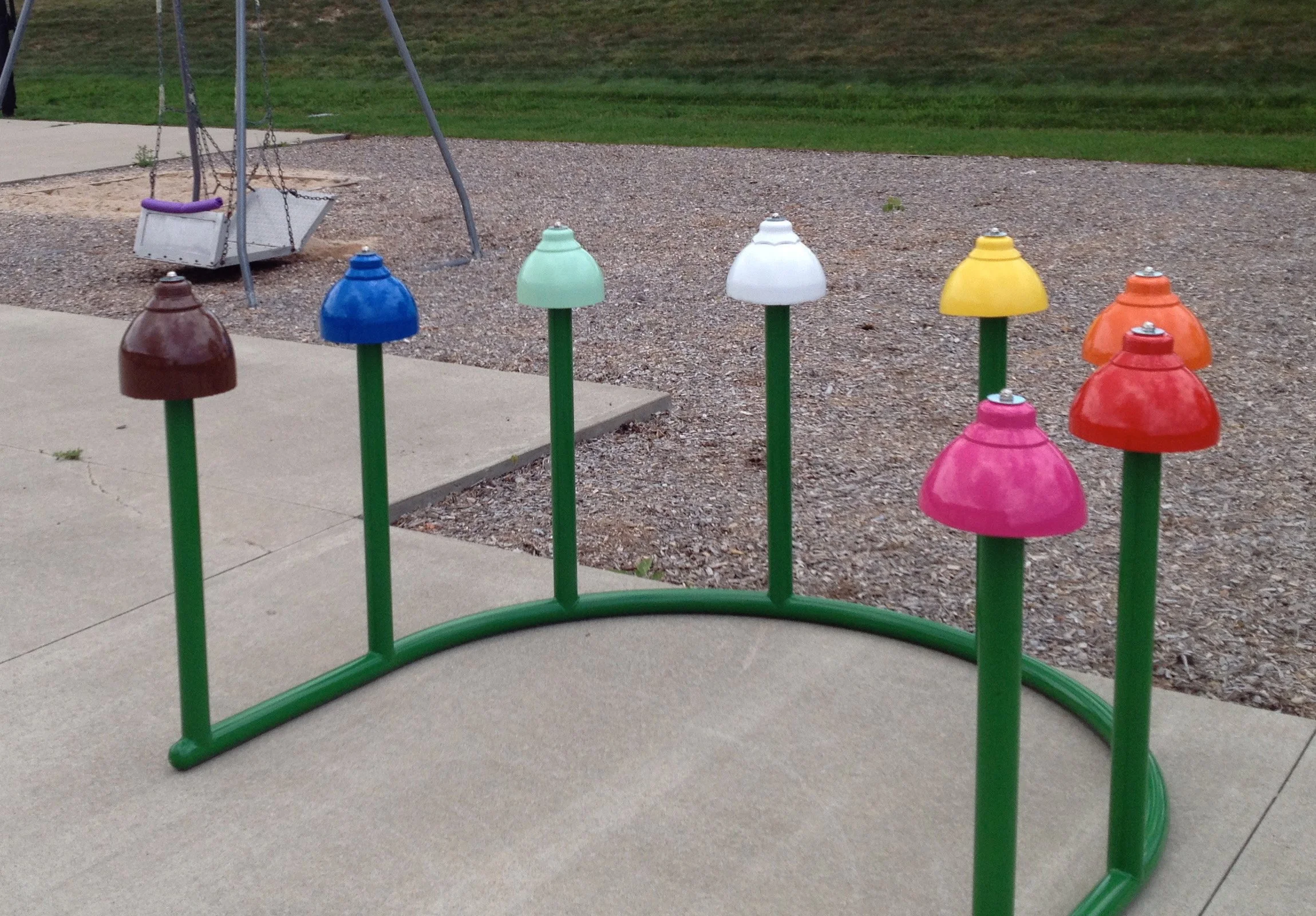 The second design for KinderBells 2013, using steel pipe to replace the wooden posts.  This was commissioned by  Petoskey's Taylor School for Exceptional Learners