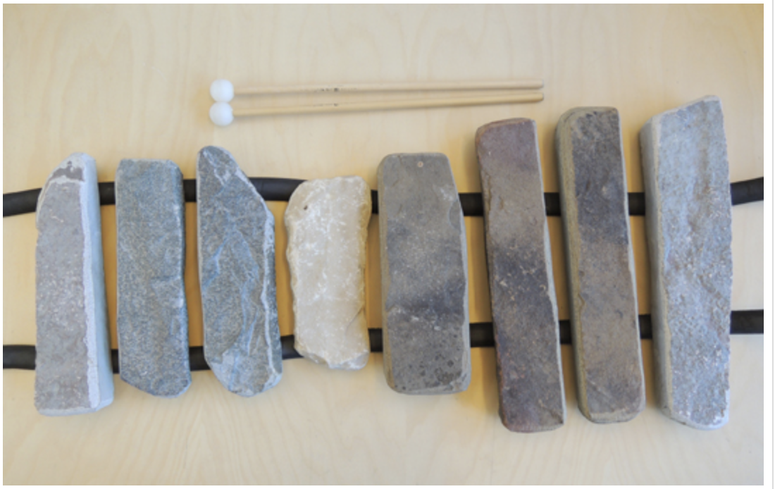 Raw unfinished stone Lithophone made for Princeton's Cotsen Children's Library. It is part of the geosciences collection