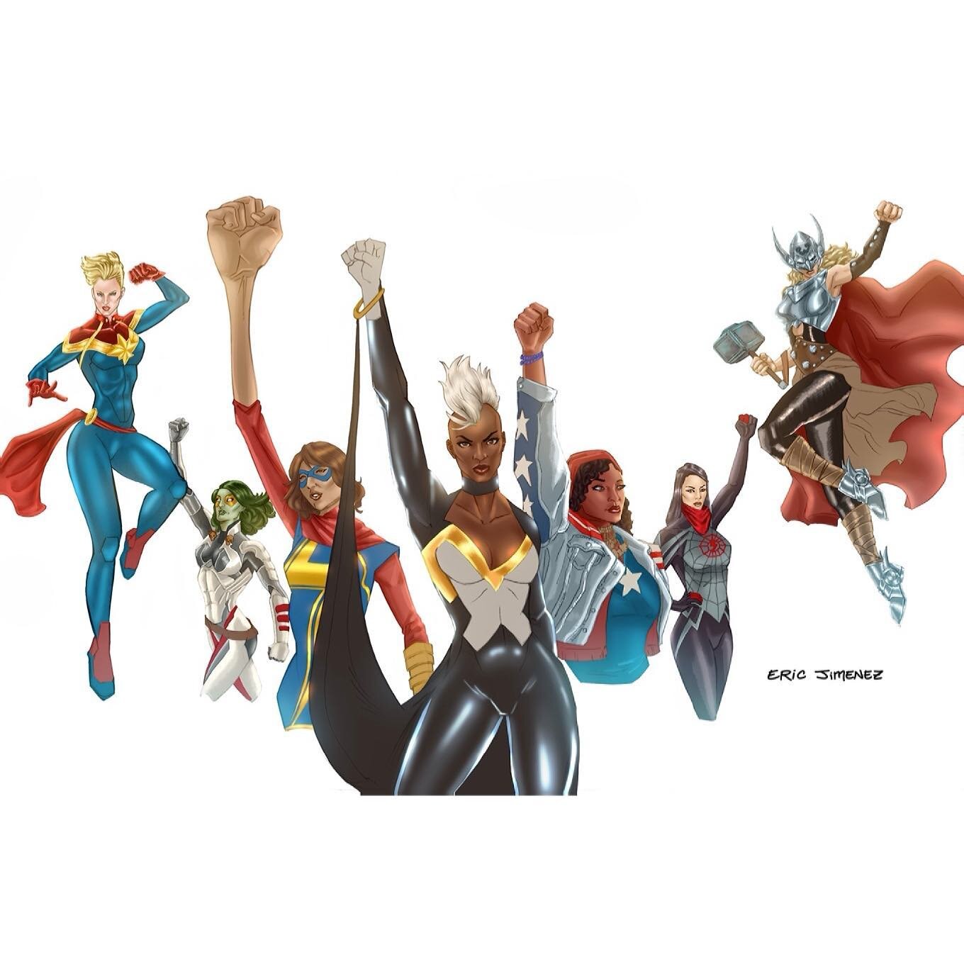 An older piece in honor of #internationalwomensday. #thefutureisfemale #storm #captainmarvel #gamora #msmarvel #silk #america #thor #marvel #jimenez #createdonsurface #commissions #freelance