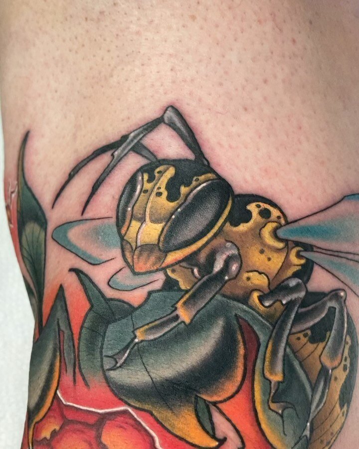 The ole glowing wasp hive for Travis&rsquo;s knee! Thanks for the trust brother!! @da_surfrat 

#neotrad #neotraditional #wasp #wasptattoo #wasphive #wasphivetattoo #staugustine #staugustinetattoo #coppercoiltattoo 
#tattoosnob