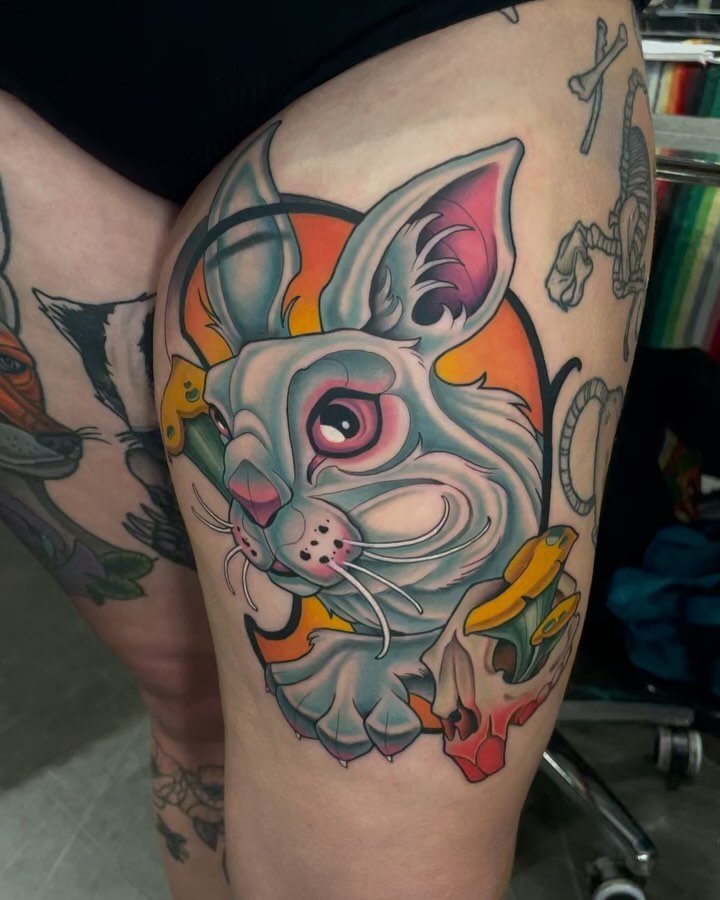 Here&rsquo;s my rabbit tattoo from Friday at @spookytattoofest 

We won overall best of day that day and ended up winning best in show with this one!! 

#neotrad #neotraditional #skull #skulltattoo #colortattoo #staugustine #staugustinetattoo #bestin