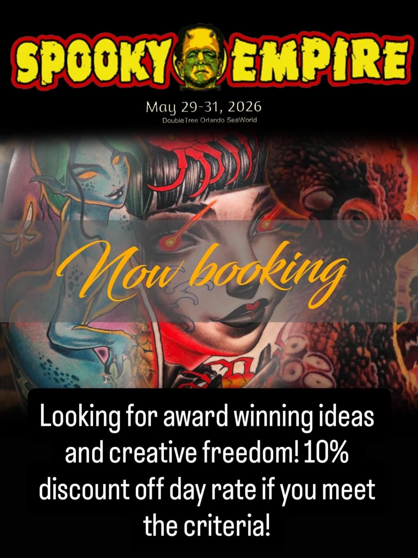 Looking for larger tattoos to make at the @spookytattoofest this coming May! If you meet these criteria please shoot me a dm! Lets get some ideas brewing and win some awards! #spookyempire #spookyempiretattoofestival #orlandotattooconvention #florida