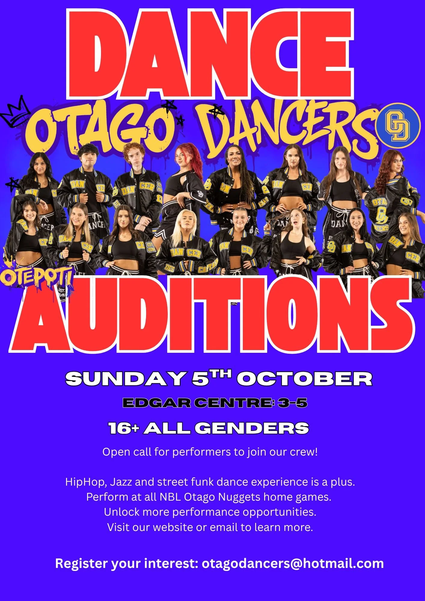 ✨ AUDITION CALL &ndash; OTAGO DANCERS 2026 ✨

Do you have the moves, energy and passion to light up the court?

The Otago Dancers are holding auditions for next season&rsquo;s game-day crew and they want YOU! All genders welcome!

🔥 Be part of the a