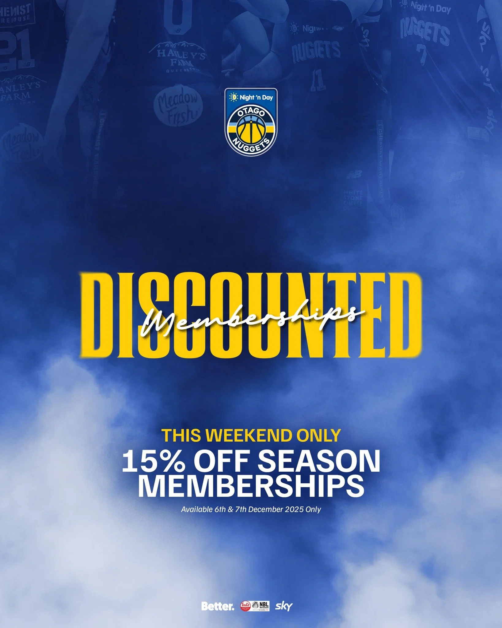 🔥 Season Membership Sale!
15% Off Season Memberships - this weekend only.
Ends Midnight Sunday - get in quick!
 
Purchase tickets here:
🎟️ http://www.iticket.co.nz/events/2026/apr/otago-nuggets

@nznbl @skysportnz @bettercreativenz