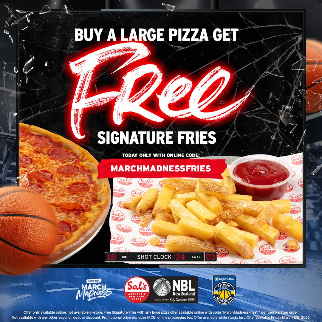 🍕 Dunedin, it&rsquo;s our turn!

As part of the Sal's Pizza March Madness countdown, each team gets a one-day-only deal in the lead-up to the New Zealand National Basketball League tipping off.

🏀 TODAY the Otago Nuggets are on the menu in Dunedin!