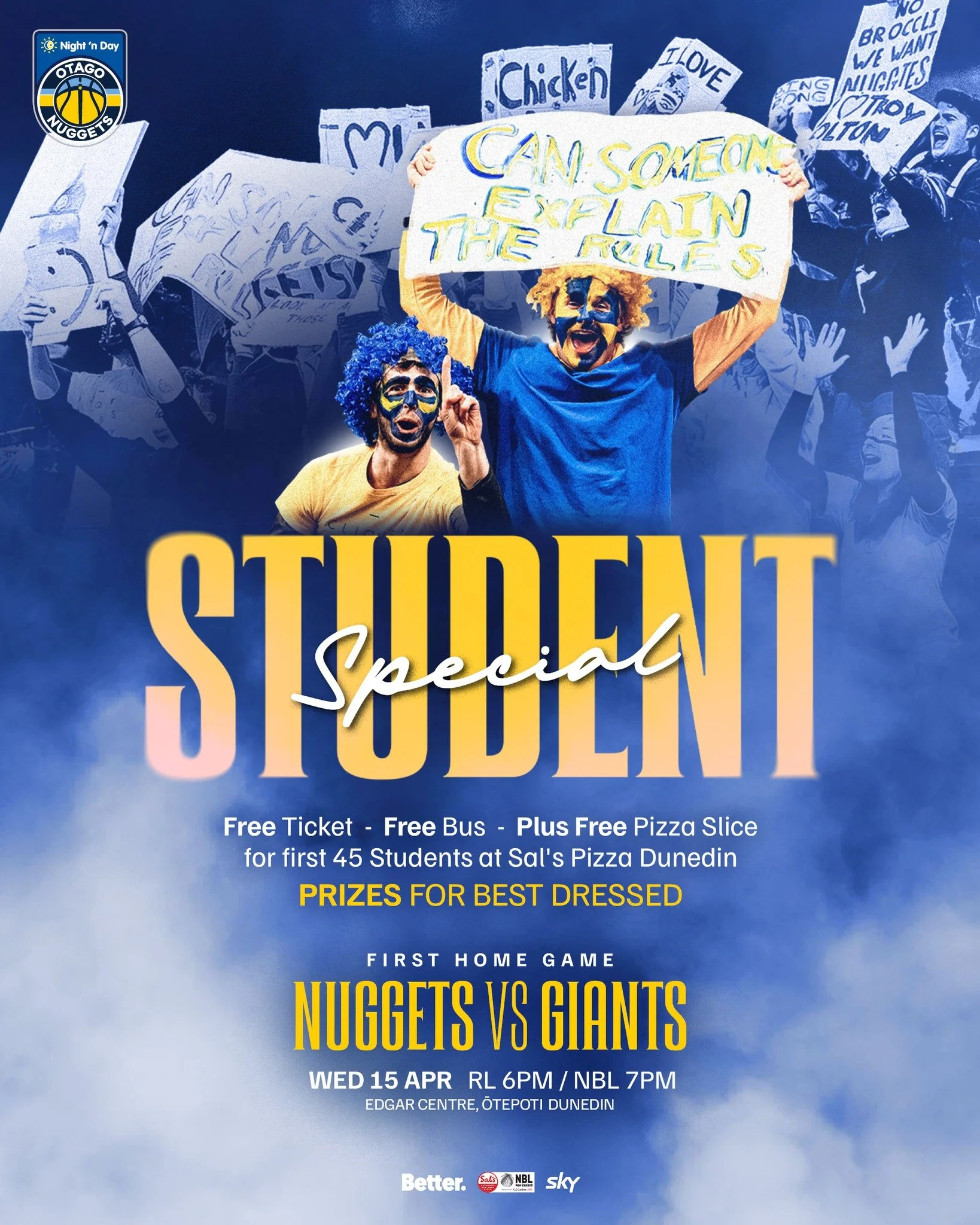 Students&hellip; this one&rsquo;s for you 👀

Free ticket
Free bus
Free pizza

We&rsquo;re bringing students to the game &mdash; simple as that.
Pick up your free ticket at Sal&rsquo;s from 5:00PM, then jump on one of the buses heading to the stadium