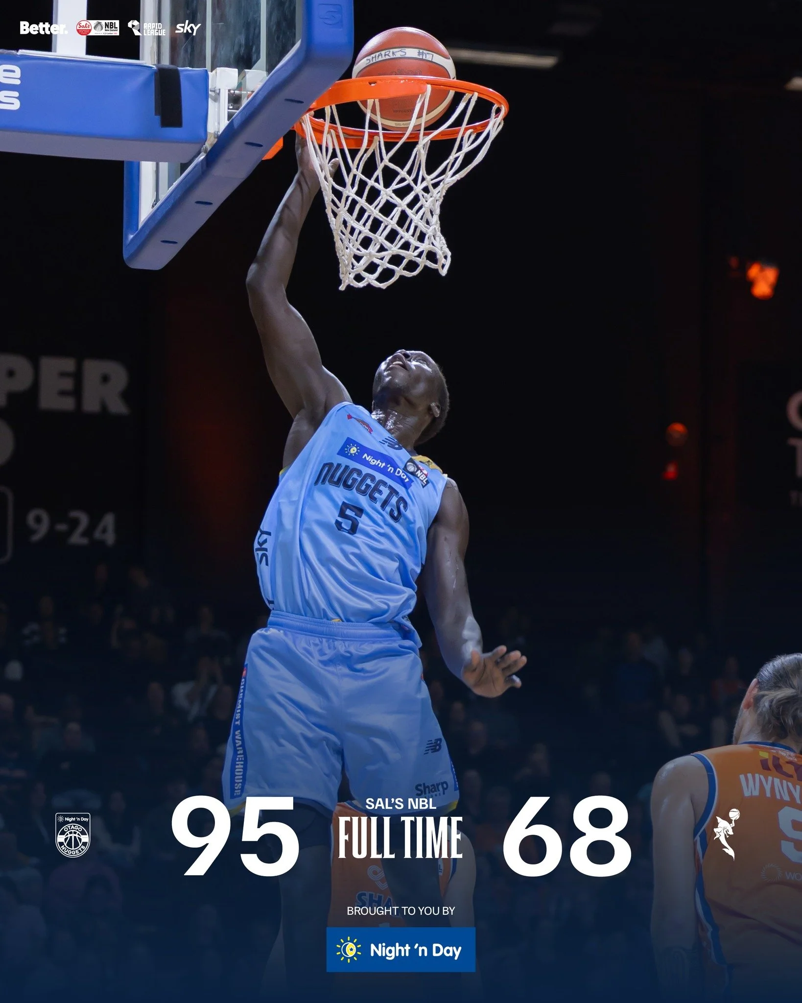 Full time 💙💛

Nuggets take the Southern Derby 🏀

Tuach (28) leading the charge, with strong support from Henn and Rusbatch.

Great way to open the season. 💪

@nznbl @skysportnz @bettercreativenz @nightndaynz