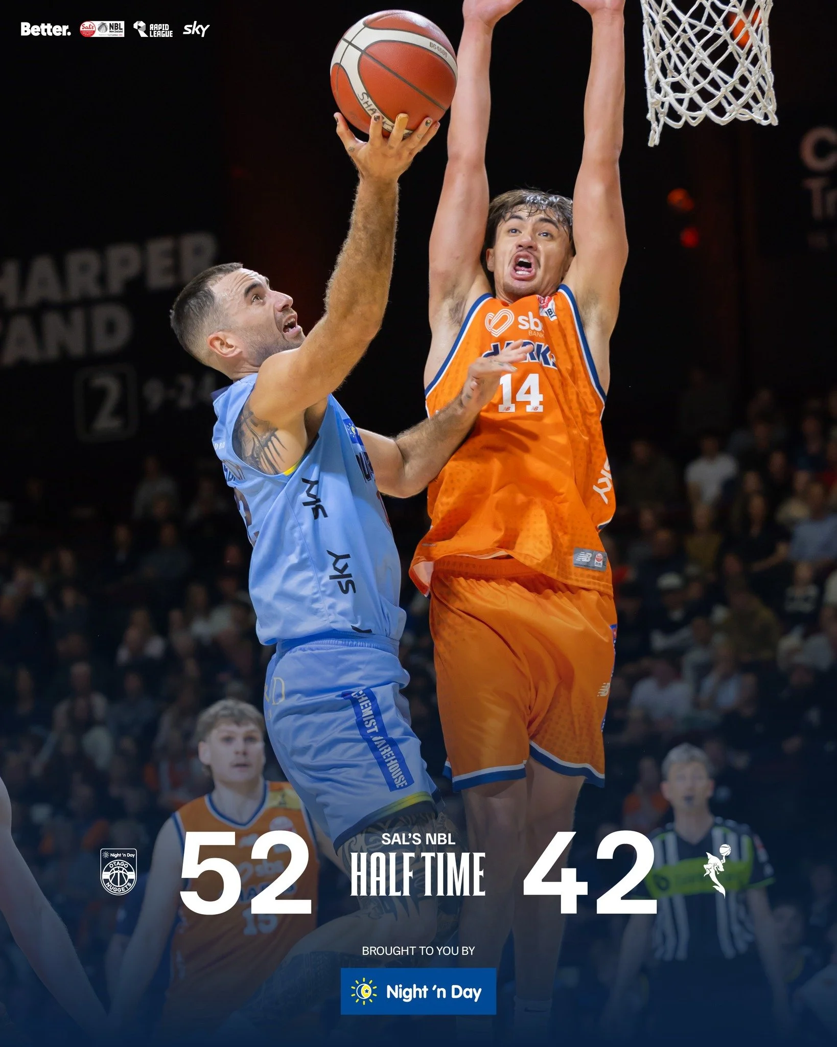 Half time at the Shark Tank 🦈

Nuggets lead by 10. Let&rsquo;s finish the job. 💪

@nznbl @skysportnz @bettercreativenz @nightndaynz