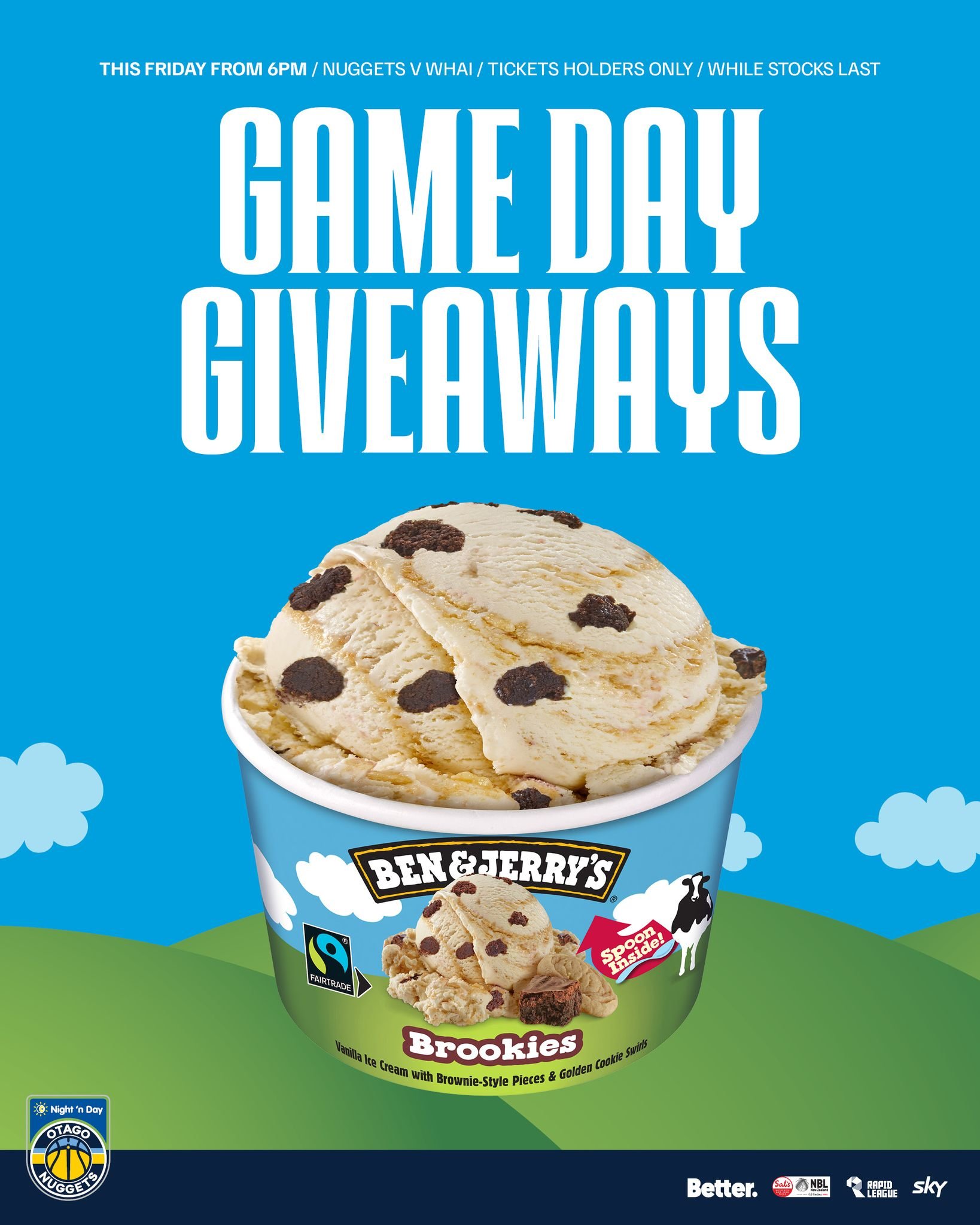 Game day just got sweeter! Score a free Ben &amp; Jerry&rsquo;s ice cream this Friday &ndash; ticket holders only, while stocks last! 💙

@nznbl @skysportnz @bettercreativenz @nightndaynz