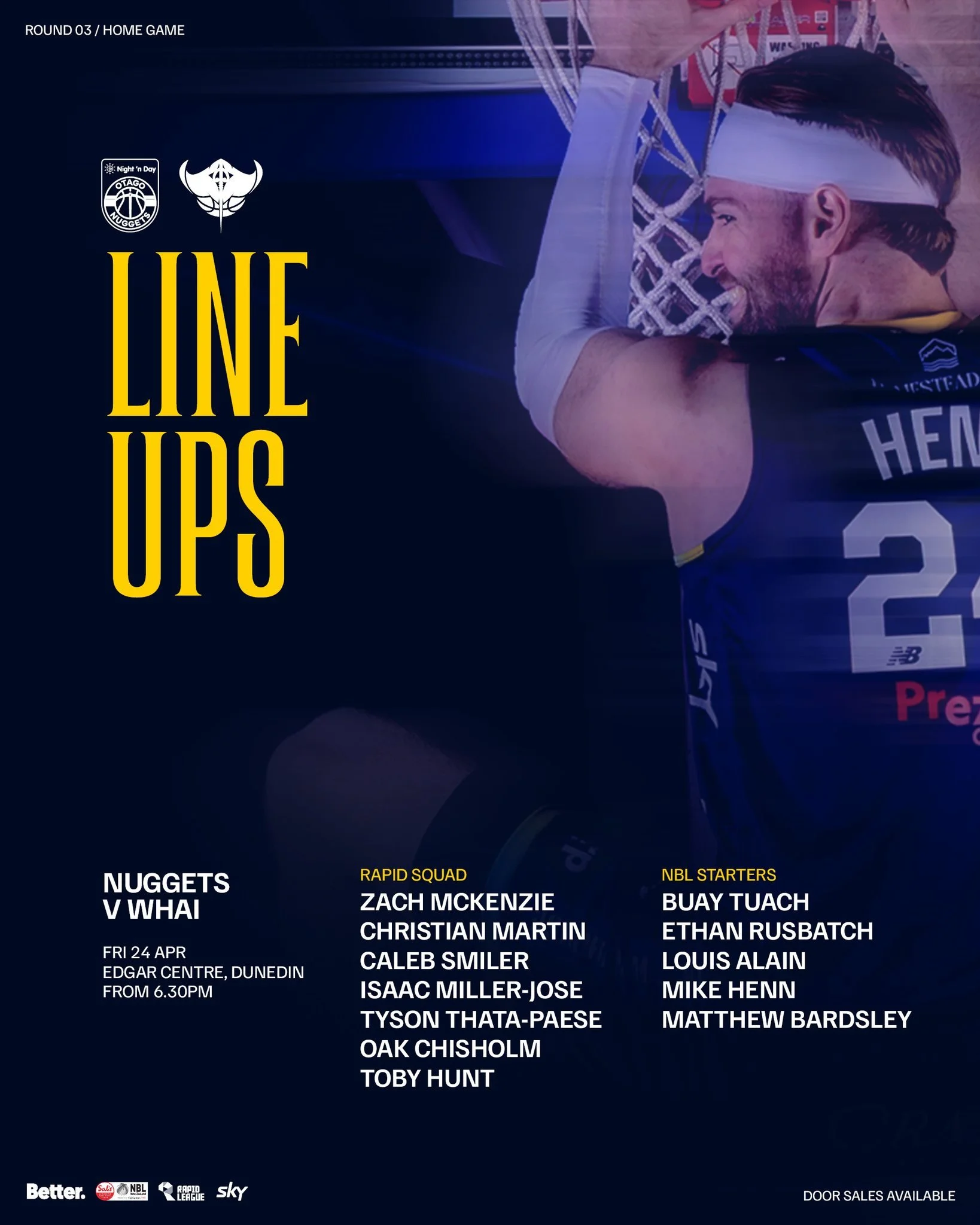 Your game day line up - brought to you by Night 'n Day 💙🏀

🏀 Nuggets vs Whai
⏰ Rapid League 6:30PM | NBL 7:30PM
📍 Edgar Centre, Dunedin
📺 Sky Sport
🌍 FIBA Youtube

🎟 Tickets available online now + door sales available
https://www.iticket.co.nz