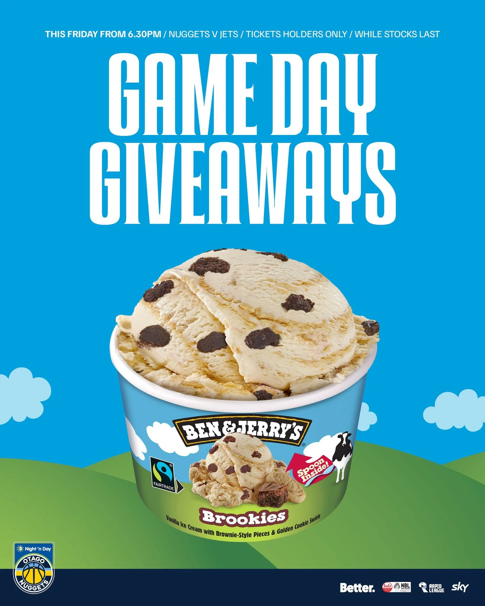 Game day just got sweeter! Score a free Ben &amp; Jerry&rsquo;s ice cream this Friday &ndash; ticket holders only, while stocks last! 💙

@nznbl @skysportnz @bettercreativenz @nightndaynz