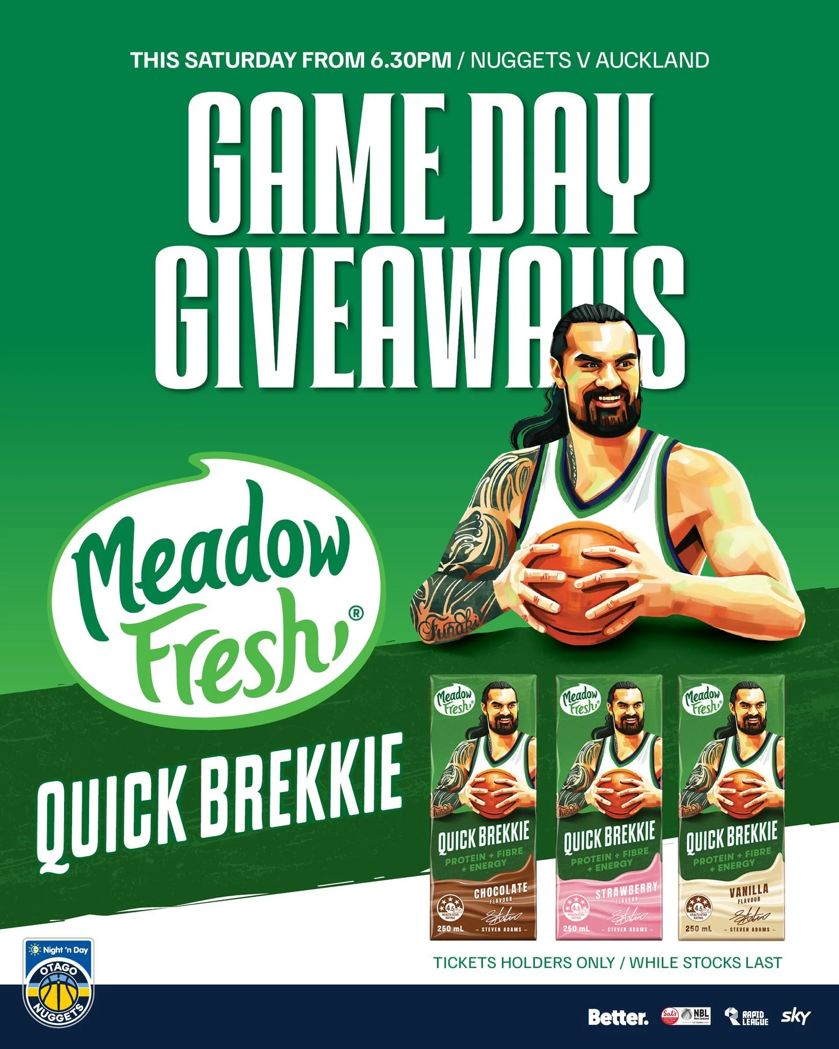 Game day just got even better! Score yourself a Quick Brekkie this Saturday - giveaways for ticket holders only, while stocks last! 💚

@nznbl @skysportnz @bettercreativenz @nightndaynz