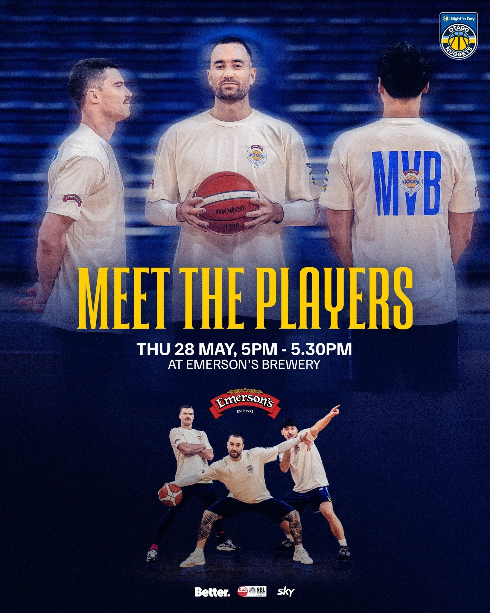 🏀 𝗠𝗘𝗘𝗧 𝗧𝗛𝗘 𝗡𝗨𝗚𝗚𝗘𝗧𝗦 🍻

Heading along to Emerson&rsquo;s Whistle Drop Thursday? Make sure you stop by and say hello to some of your Otago Nuggets players 💙💛

A few of the boys will be at Emerson&rsquo;s Brewery for a casual meet and g