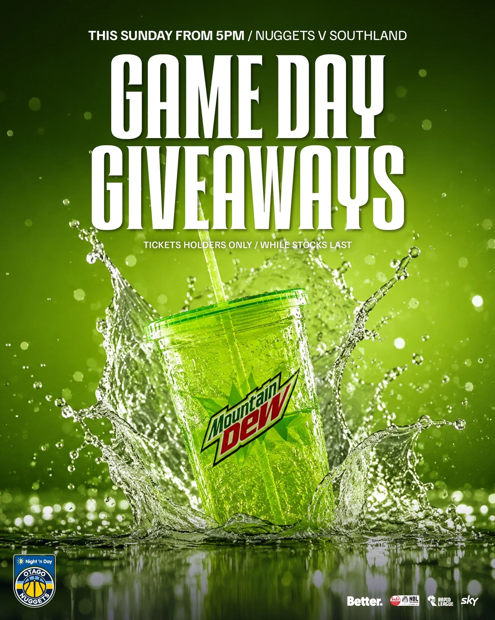 Game day just got even better! Score yourself a Mountain Dew Tumbler or Can this Sunday - giveaways for ticket holders only, while stocks last! 💚

@nznbl @skysportnz @bettercreativenz @nightndaynz